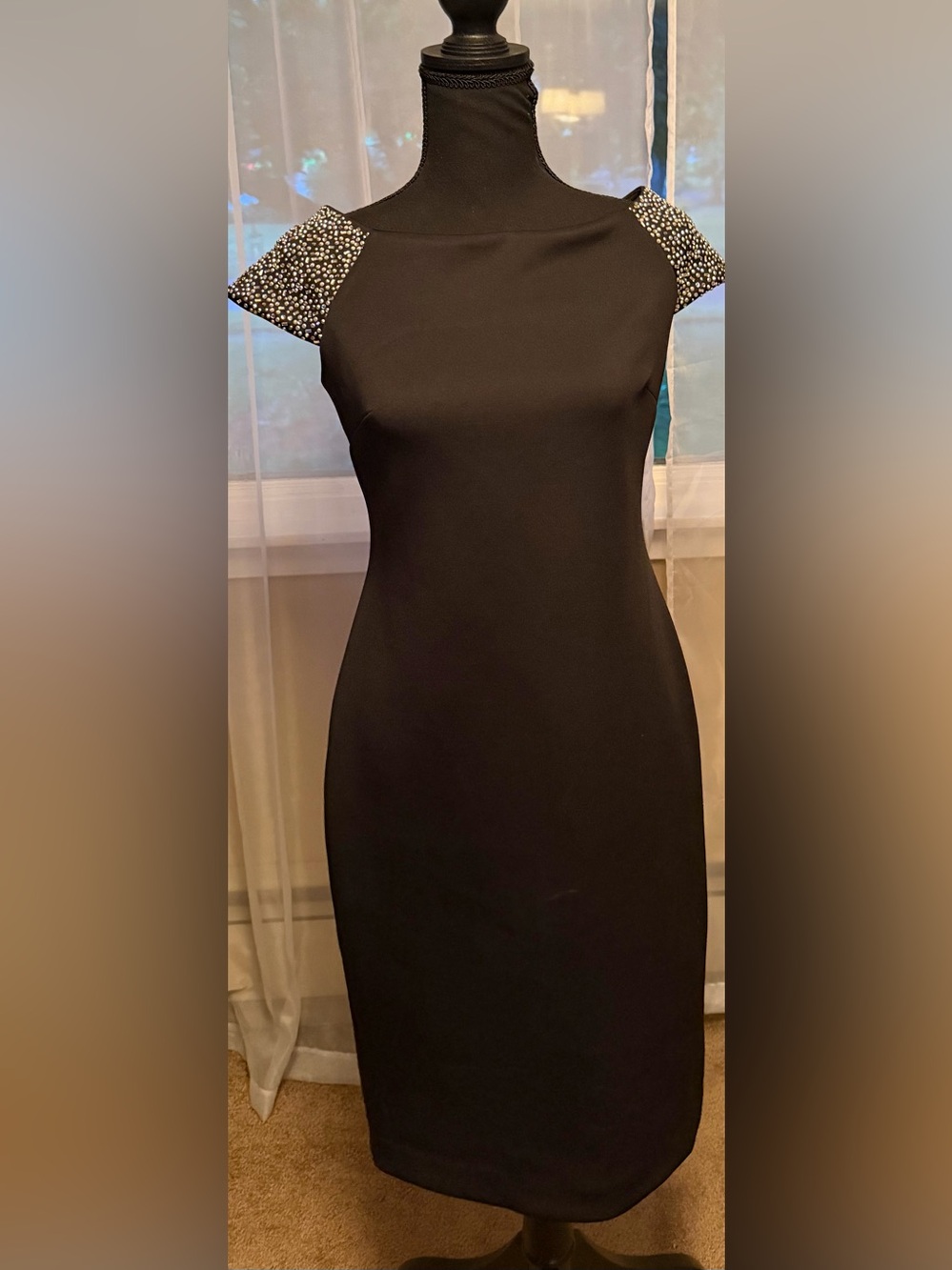 Calvin Klein Embellished Off Shoulder Black Sheath Dress, size 4